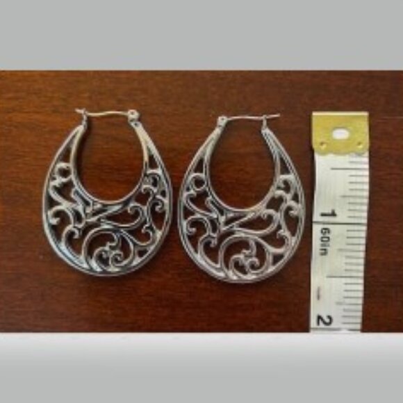 Silver Tone Drop Hoop Earrings - Picture 2 of 3